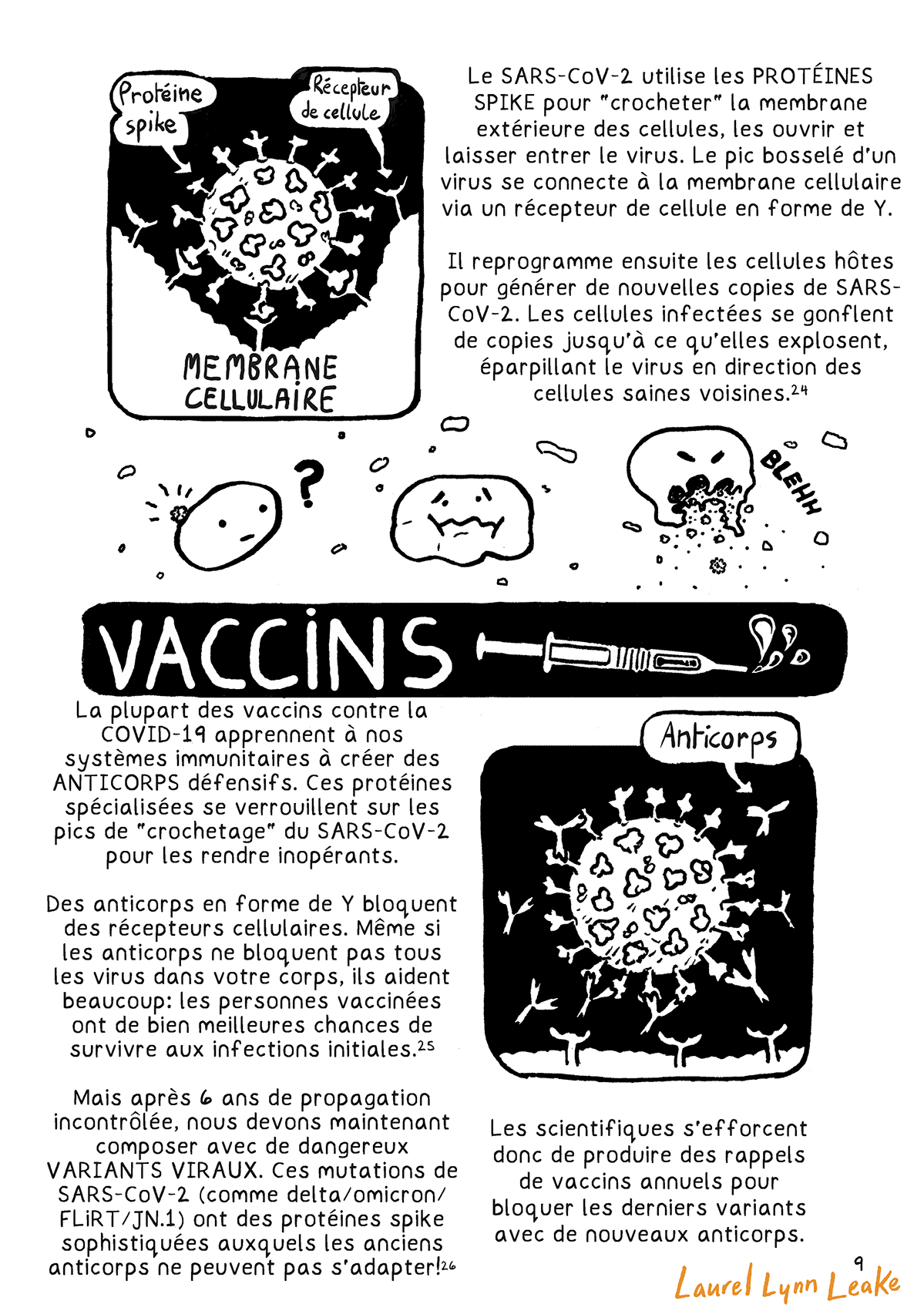 « Le SARS-CoV-2 utilise les PROTÉINES SPIKE pour « crocheter » la membrane extérieure des cellules, les ouvrir et laisser entrer le virus. » Le pic bosselé d'un virus se connecte à la membrane cellulaire via un récepteur de cellule en forme de Y. « Il reprogramme ensuite les cellules hôtes pour générer de nouvelles copies de SARS-CoV-2. Les cellules infectées se gonflent de copies jusqu'à ce qu'elles explosent, éparpillant le virus en direction des cellules saines voisines (24). » Un virus infecte une cellule cartoon, qui devient malade et vomit du SARS-CoV-2. « VACCINS: la plupart des vaccins contre la COVID-19 apprennent à nos systèmes immunitaires à créer des ANTICORPS défensifs. Ces protéines spécialisées se verrouillent sur les pics de « crochetage » du SARS-CoV-2 pour les rendre inopérants. » Des anticorps en forme de Y bloquent des récepteurs cellulaires. « Même si les anticorps ne bloquent pas tous les virus dans votre corps, ils aident beaucoup: les personnes vaccinées ont de bien meilleures chances de survivre aux infections initiales (25). Mais après 6 ans de propagation incontrôlée, nous devons maintenant composer avec de dangereux VARIANTS VIRAUX. Ces mutations de SARS-CoV-2 (comme delta/omicron/FLiRT/JN.1) ont des protéines spike sophistiquées auxquels les anciens anticorps ne peuvent pas s'adapter (26)! Les scientifiques s'efforcent donc de produire des rappels de vaccins annuels pour bloquer les derniers variants avec de nouveaux anticorps. »