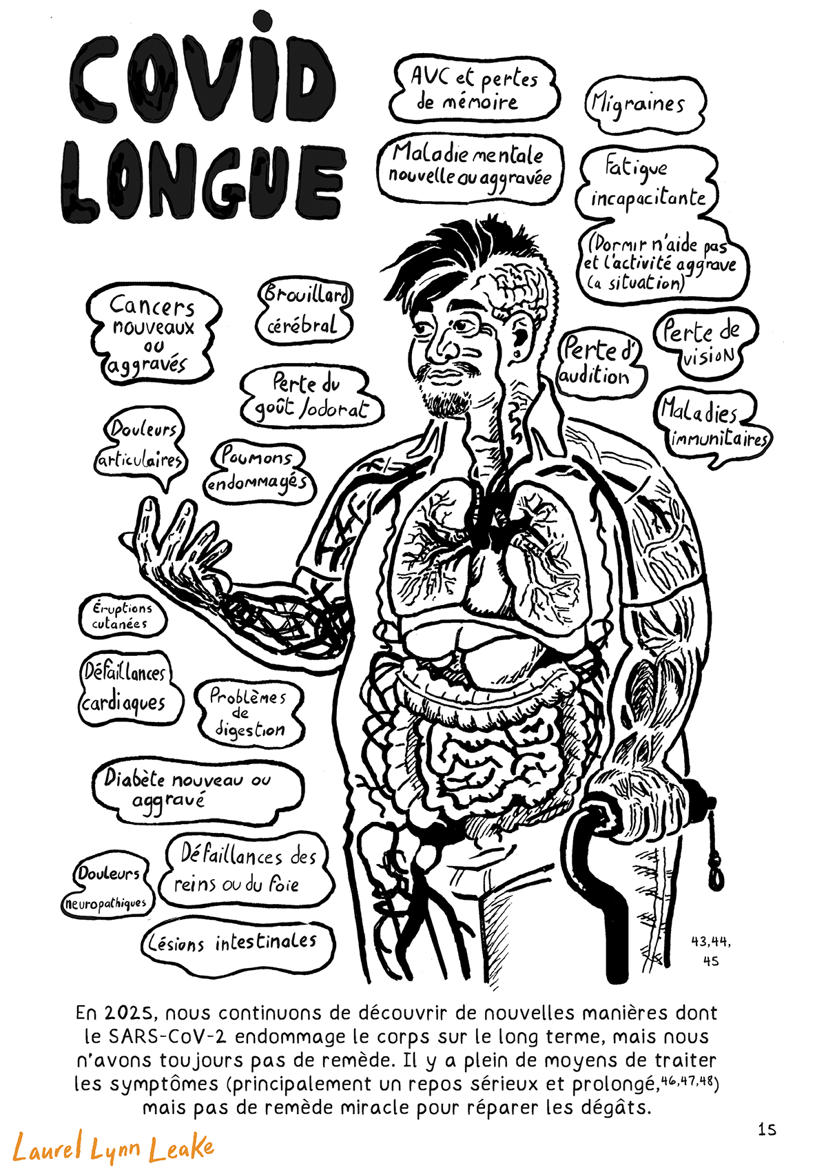 « COVID LONG » en gros. Cette page montre une personne grosse avec de la barbe et un undercut, une main sur une canne et l’autre en l’air. À l’intérieur de son corps on voit certains de ses organes, muscles et veines, et elles sont entourées de bulles contenant des symptômes. En partant du haut près du cerveau, les bulles indiquent « AVC et pertes de mémoire », « migraines », « maladie mentale nouvelle ou aggravée », « fatigue incapacitante (dormir n’aide pas et l’activité aggrave la situation) », « brouillard cérébral », « perte du goût/odorat », « perte d’audition », « perte de vision », « maladies immunitaires », « cancers nouveaux ou aggravés », « douleurs articulaires », « poumons endommagés », « éruption cutanée », « défaillances cardiaques », « problèmes de digestion », « diabète nouveau ou aggravé », « défaillances des reins ou du foie », « douleurs neuropathiques », « lésions intestinales » (43, 44, 45). Le texte indique: « En 2025, nous continuons de découvrir de nouvelles manières dont le SARS-Cov-2 endommage le corps sur le long terme, mais nous n’avons toujours pas de remède. Il y a plein de moyens de traiter les symptômes (principalement un repos sérieux et prolongé, 46, 47, 48) mais pas de remède miracle pour réparer les dégâts. »